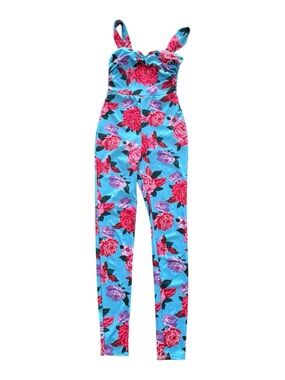 Blue Floral Strap Jumpsuit with Pink & Purple Roses size s